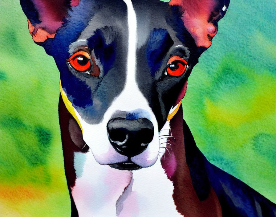 Colorful Watercolor Painting: Dog with Red Eyes and Multicolored Coat