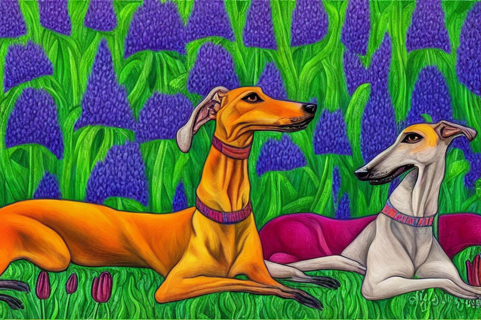 Colorful Cartoon Dogs with Collars Against Floral Backdrop