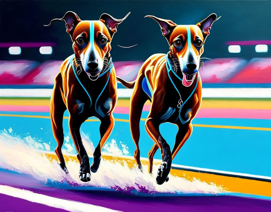 Stylized dogs racing on a colorful track