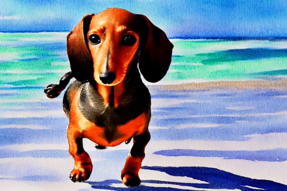 Brown Dachshund on Sandy Beach with Turquoise Sea