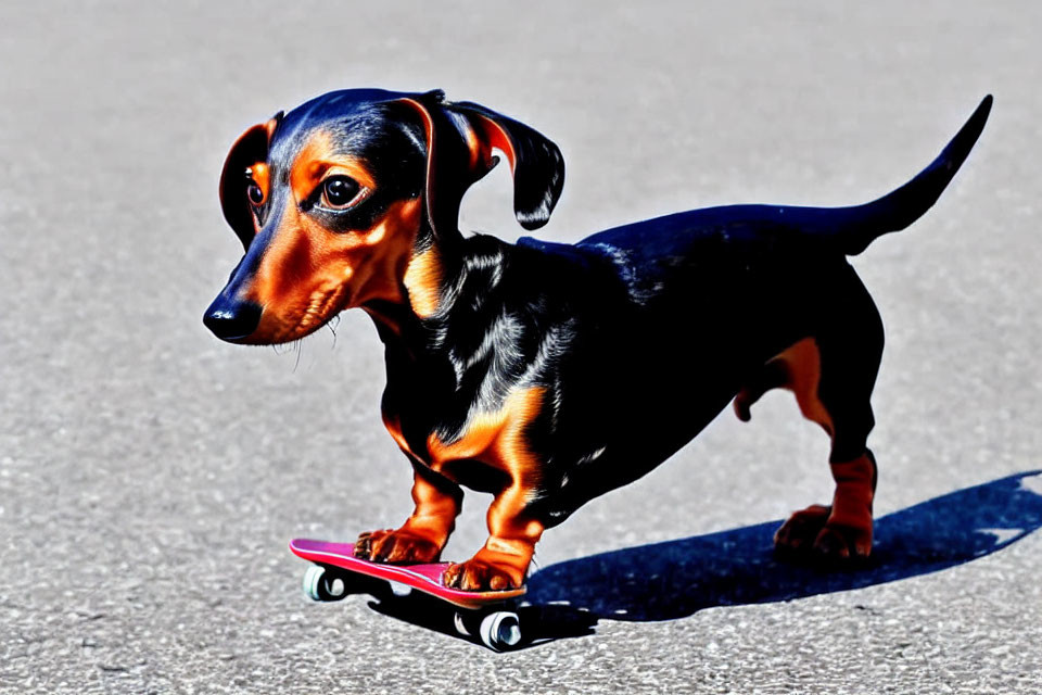 Dachshund on Pink Skateboard in Bright Sunlight