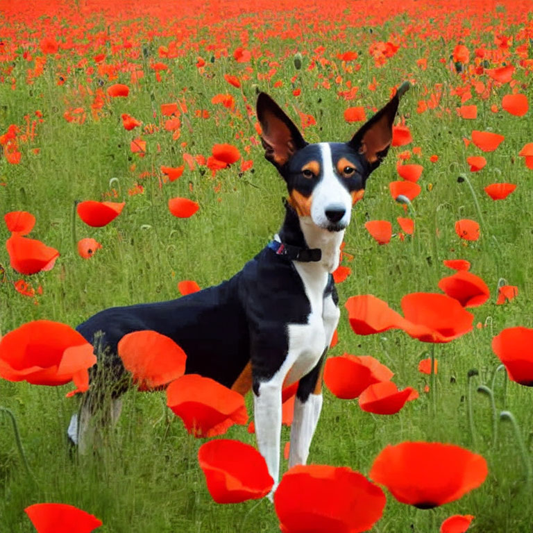Black and White Dog in Vibrant Red Poppy Field