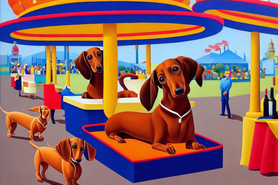 Whimsical painting of oversized dachshunds in vibrant fair setting