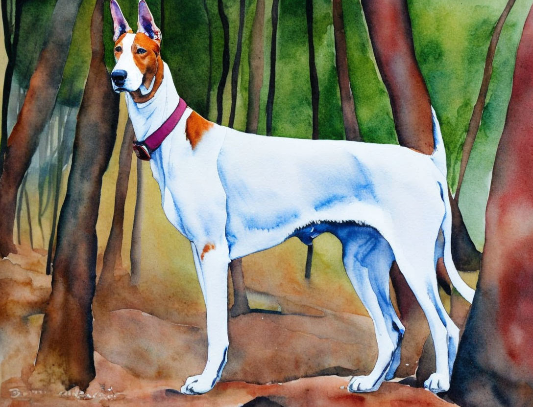 White and Tan Dog Watercolor Painting Among Brown Tree Trunks