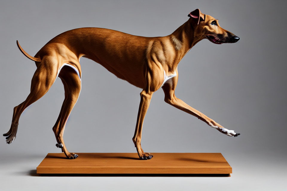 Brown Dog with Black Muzzle and White Markings Standing on Wooden Platform