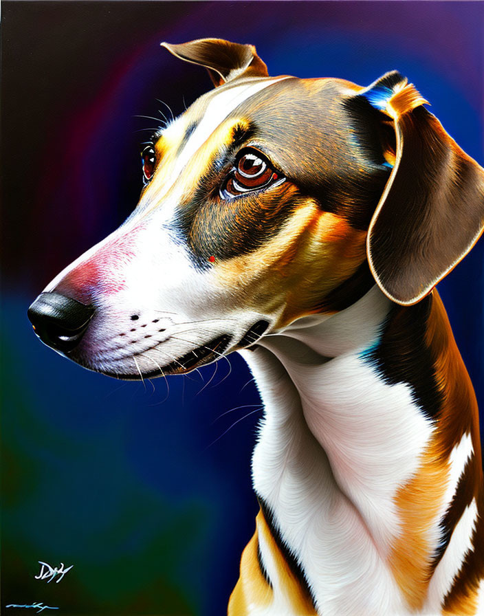 Vivid dog portrait with striking patterns on dark background