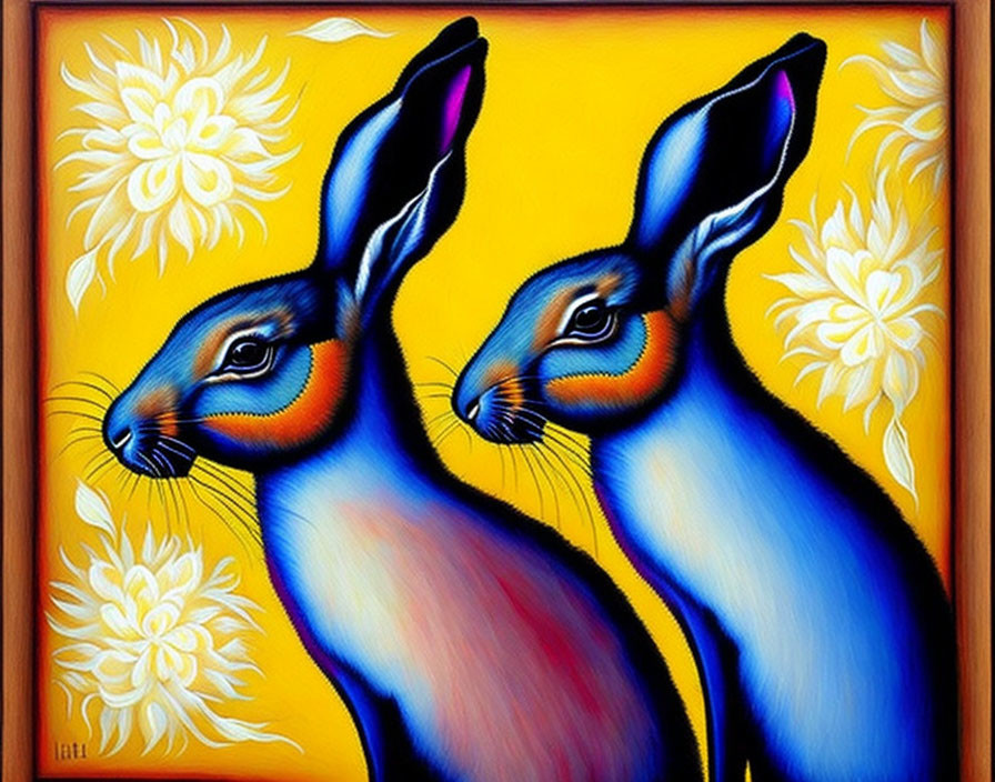 Colorful Stylized Rabbits on Yellow-Orange Background with Floral Designs