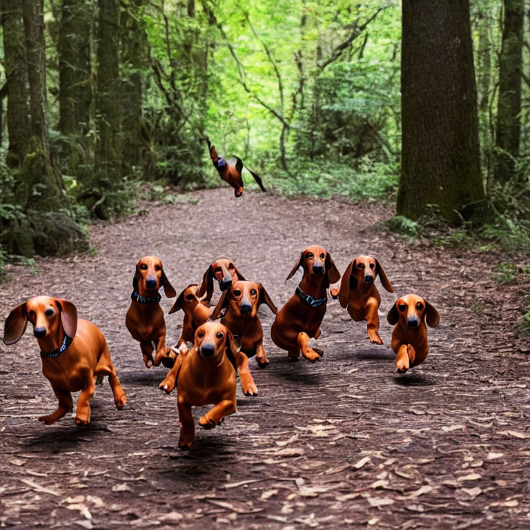 Group of Dachshunds Running in Forest Trail with Tall Trees and Bird