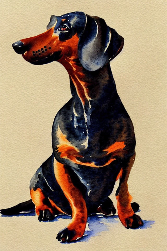 Tan and Black Dachshund Watercolor Painting with Beige Background