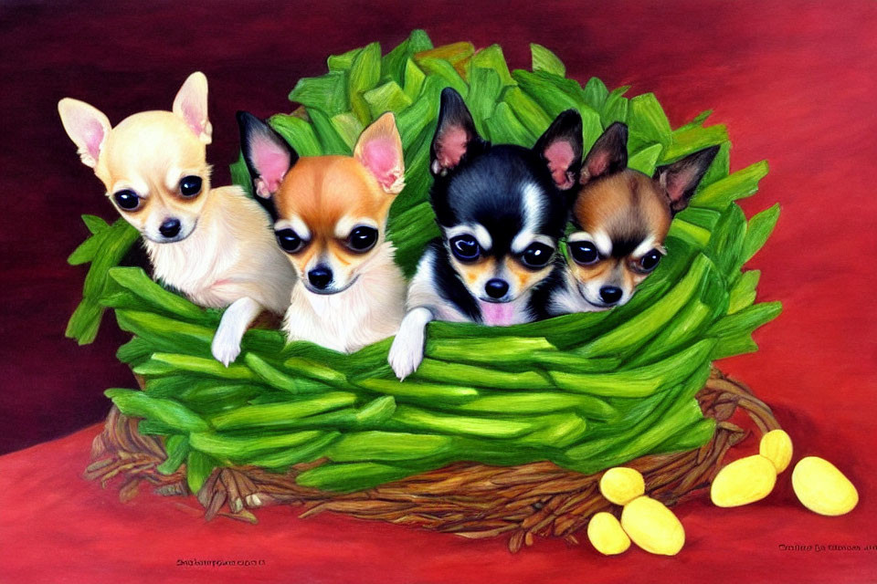 Four Chihuahua Puppies in Woven Basket with Green Fabric and Yellow Objects