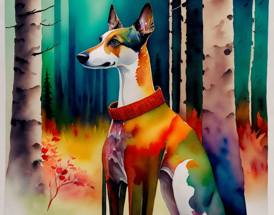 Colorful Watercolor Painting of Dog in Vibrant Forest Scene