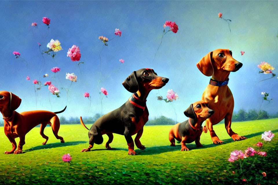 Four Dachshunds in Vibrant Field with Colorful Flowers and Blue Sky