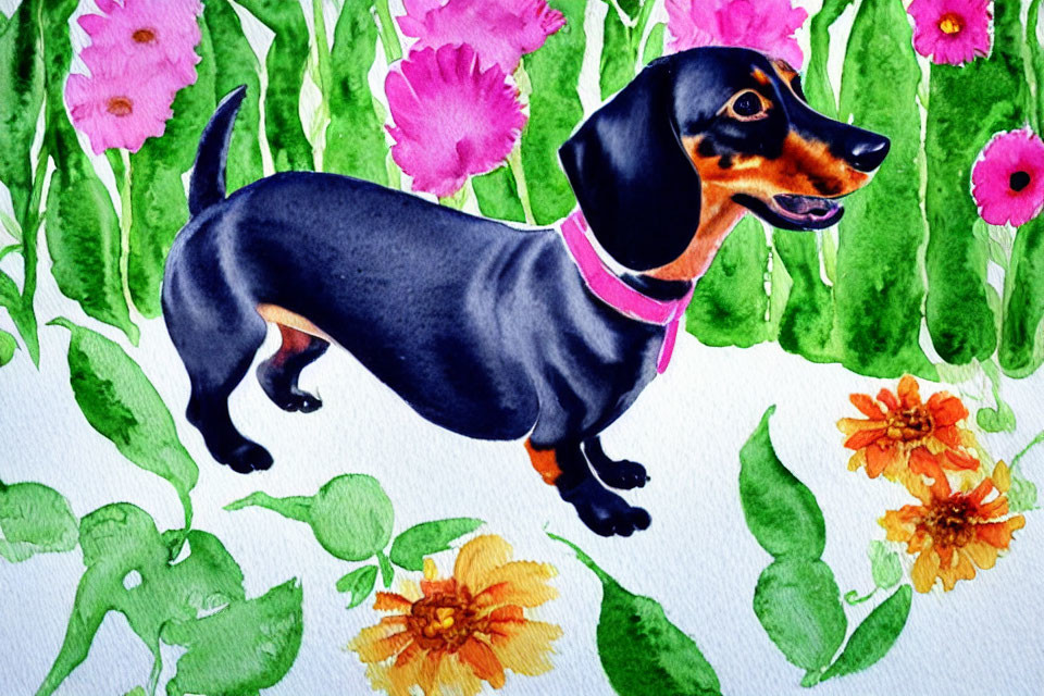 Watercolor painting of black and tan dachshund in floral setting