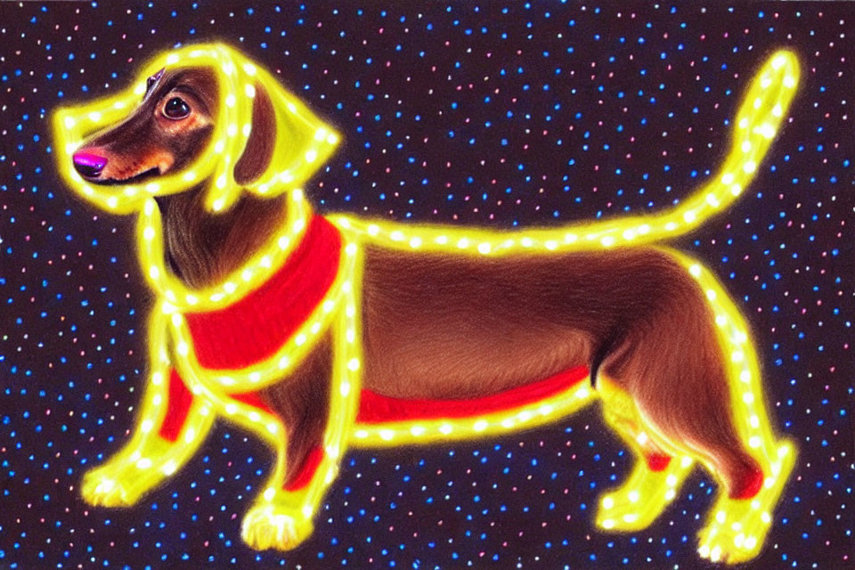 Brown Dachshund Illustration with Glowing Outlines on Dark Background