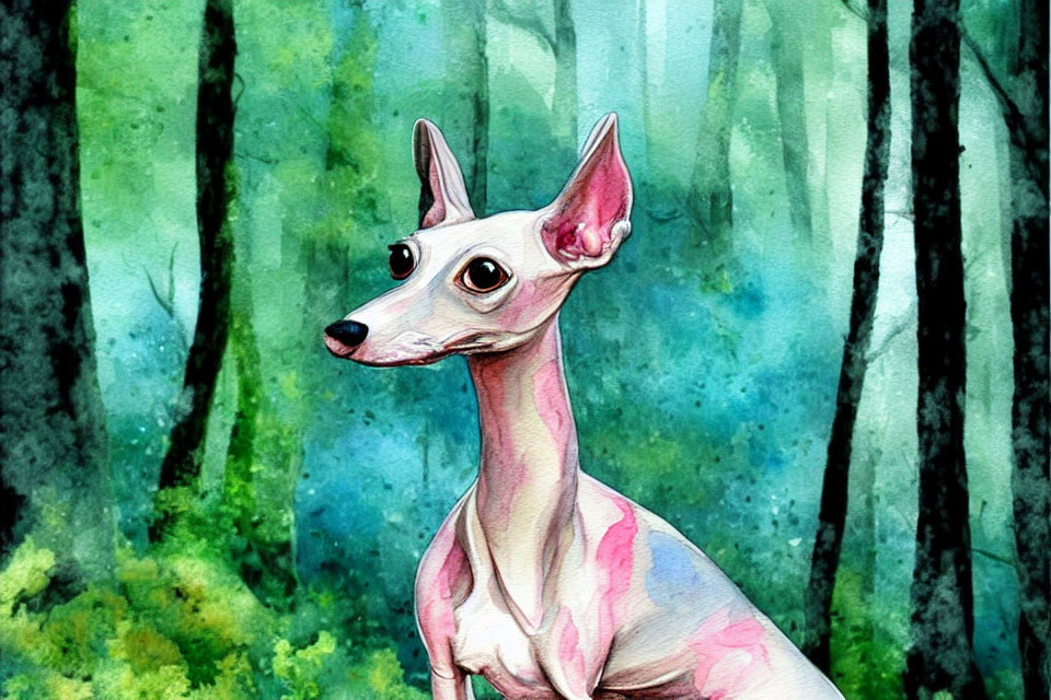 Illustrated Pink Hairless Dog in Green Forest Setting