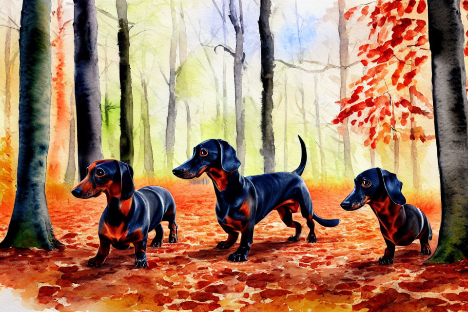 Three Dachshunds in Vibrant Autumn Forest with Red and Orange Leaves