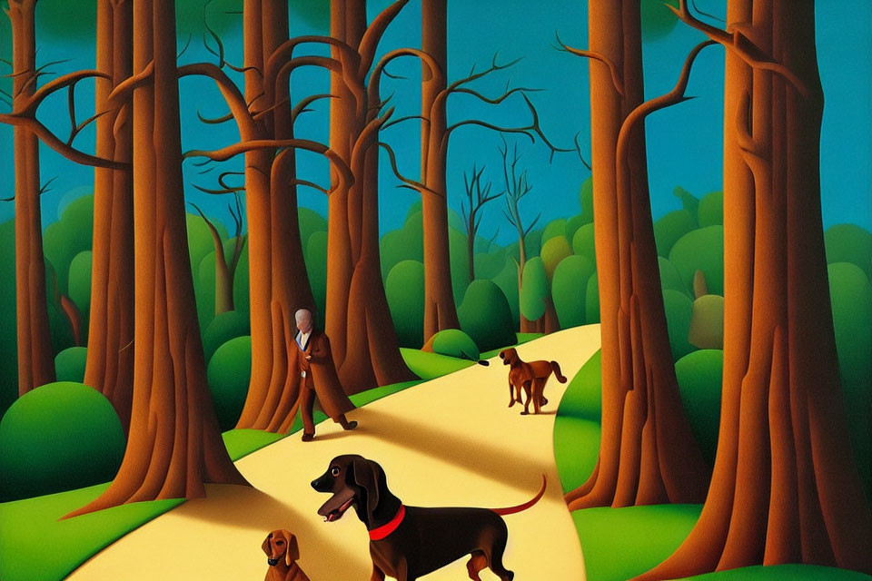 Illustration of man with three dogs in stylized forest landscape