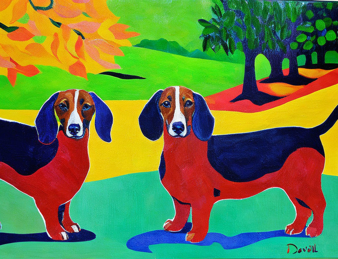 Colorful Painting of Two Dachshunds with Abstract Trees