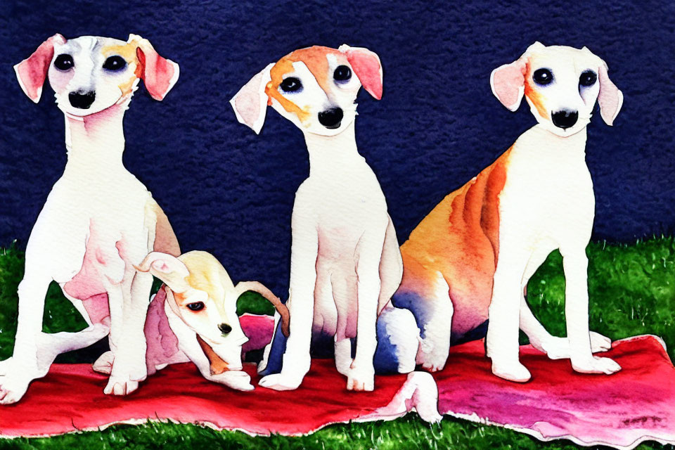 Four Italian Greyhound Dogs Painted on Red Cloth Against Blue Backdrop