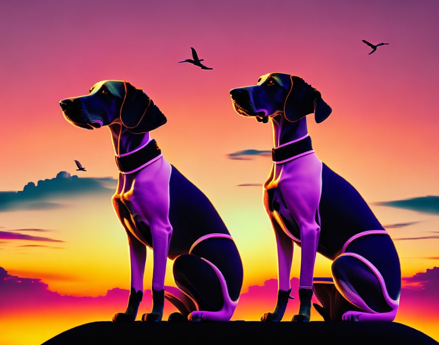 Silhouetted dogs against purple and orange sunset with flying birds