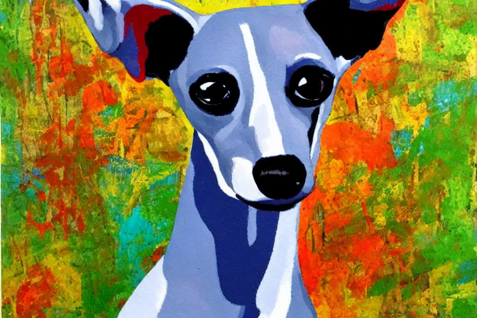 Colorful Dog Painting with Prominent Ears on Vibrant Abstract Background