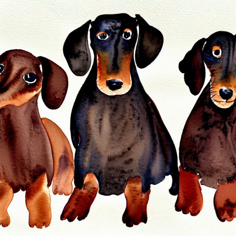 Three Watercolor Dachshunds in Brown and Black Sitting Together