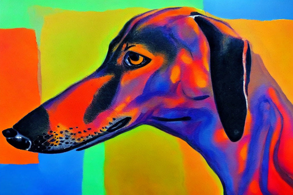 Colorful Doberman painting with blue, orange, and green hues on vibrant background