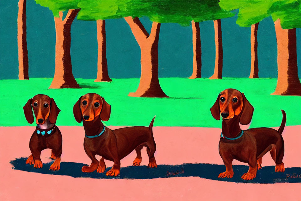 Two Dachshunds in Park with Green Grass and Teal Trees, One Wearing Blue Coll