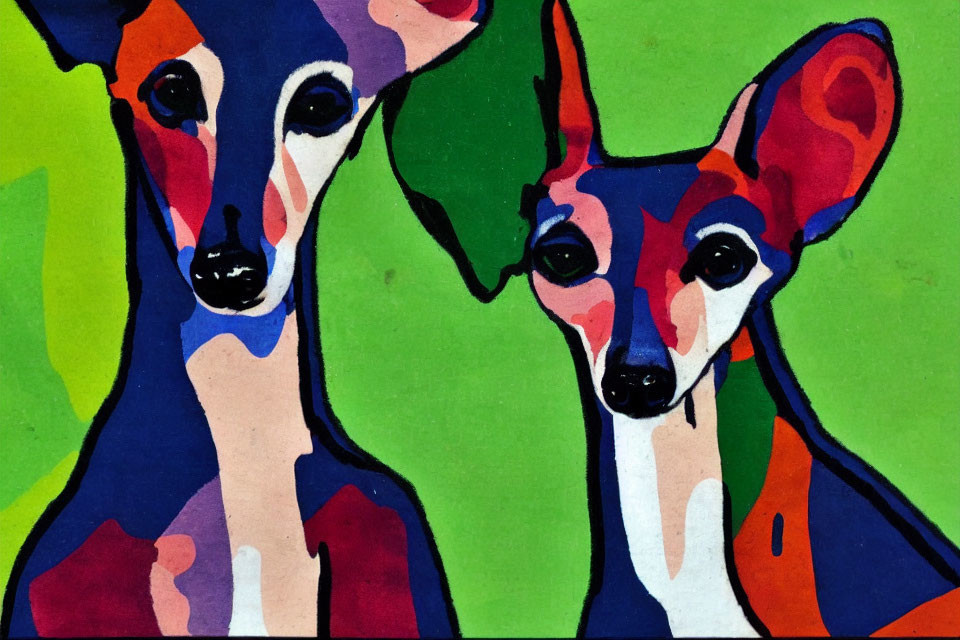 Vibrant abstract painting of two stylized dogs on green background