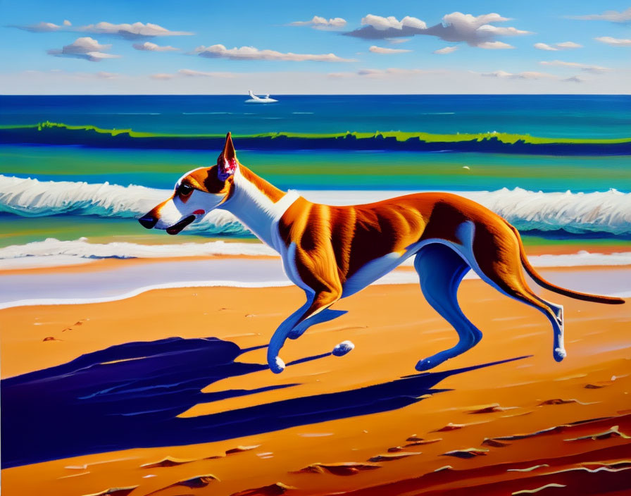 Colorful Painting: Lean Dog Running on Sunny Beach with Sailboat