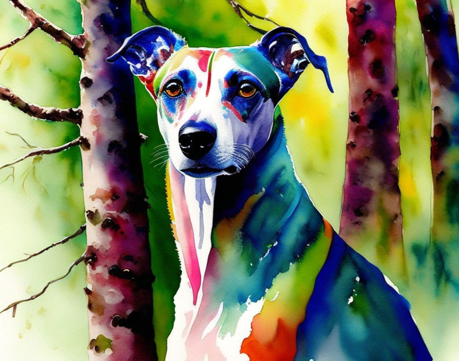 Vibrant watercolor painting of a Whippet dog in abstract forest landscape