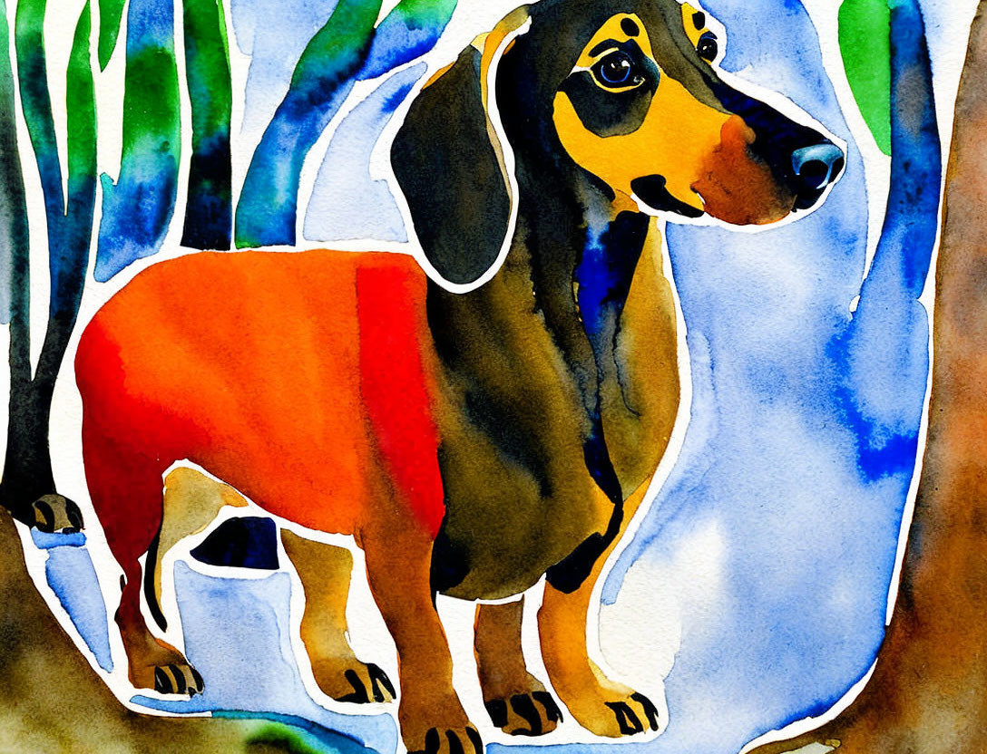 Colorful Watercolor Painting of Dachshund on Abstract Background