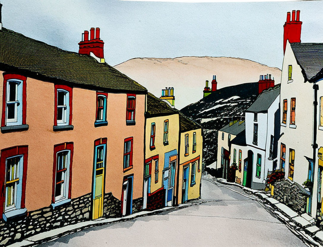 Vibrant illustration of quaint street with traditional houses and hill