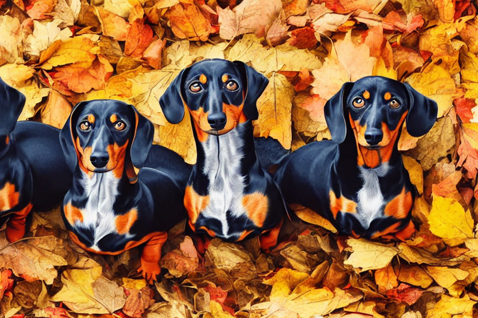 Three Dachshunds Among Colorful Autumn Leaves