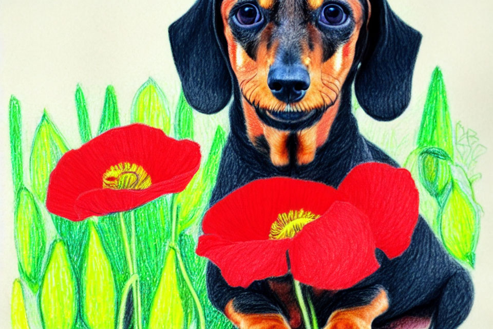 Colored pencil drawing of dachshund with expressive eyes holding red poppy flower