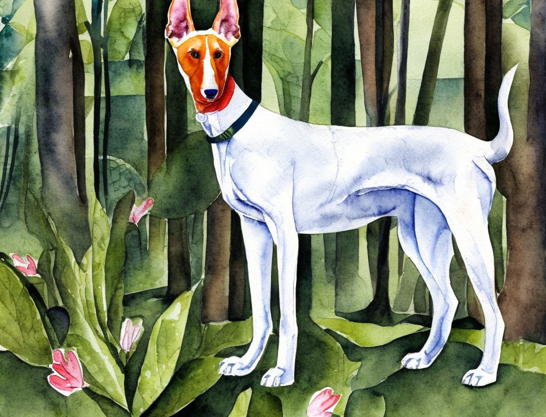 White Dog Watercolor Painting with Forest Background and Pink Flowers