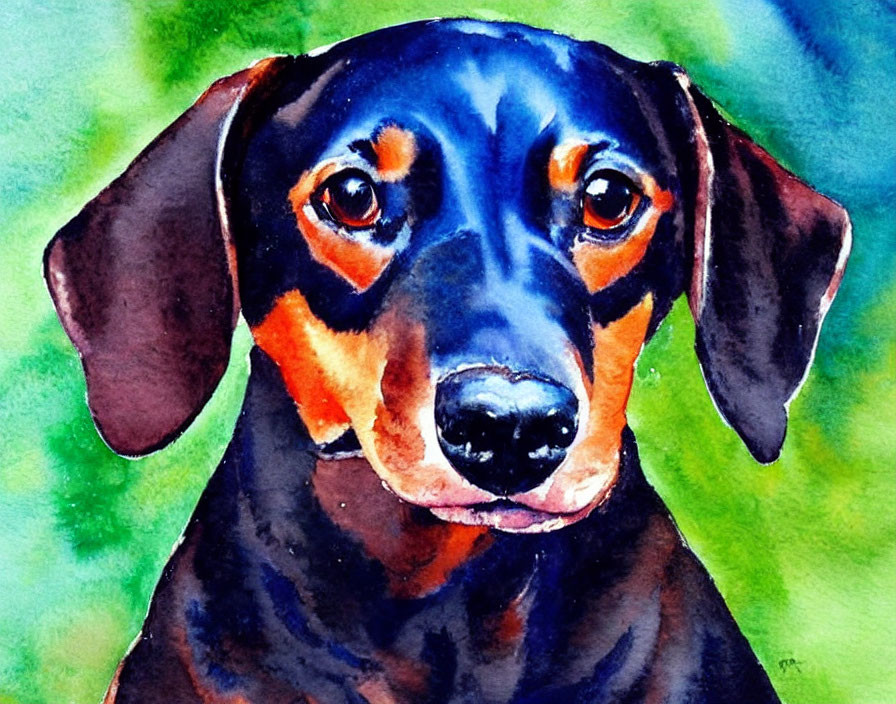 Vibrant Watercolor Painting of Doberman Dog with Expressive Eyes