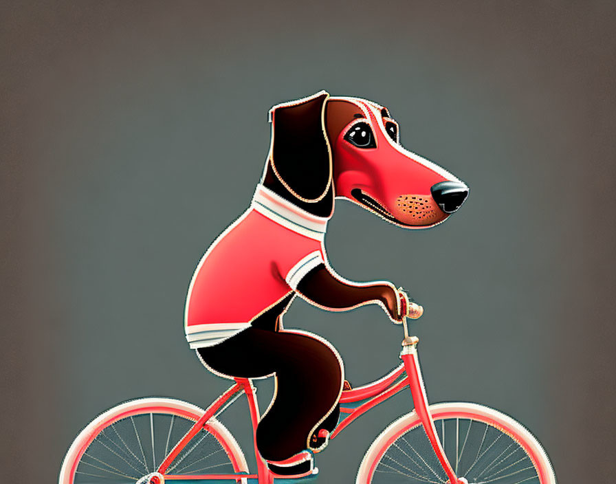 Anthropomorphic dog on red bicycle with grey backdrop