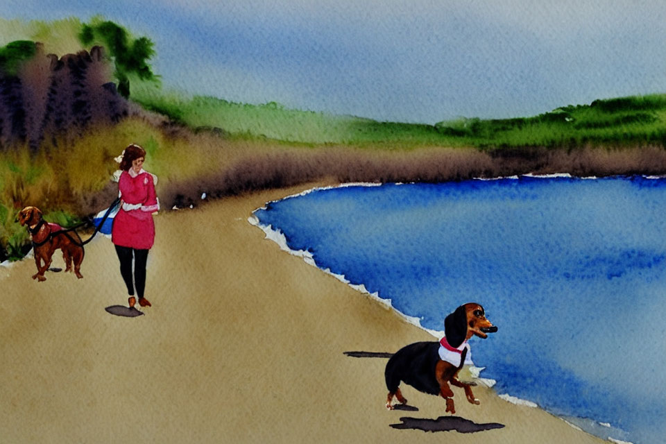 Watercolor painting: Woman walking dogs by serene lake