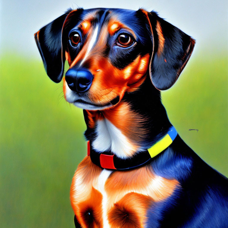 Colorful Dachshund painting with glossy coat and red-orange collar on green background