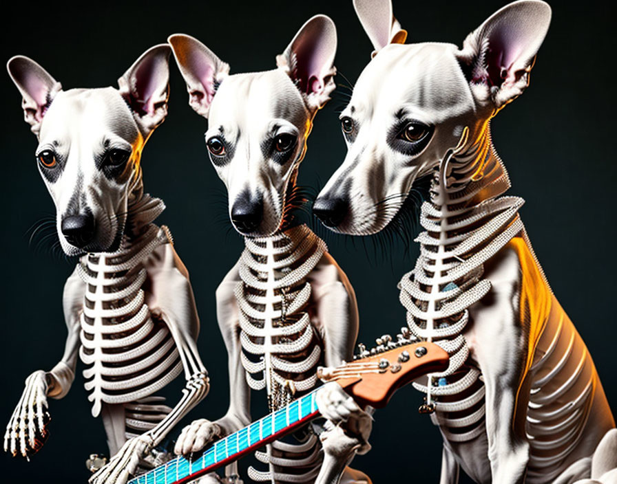 Three dogs in rock band attire playing guitar on dark background