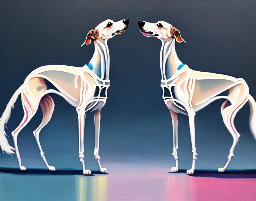 Stylized greyhound dogs with colorful coats on gradient background