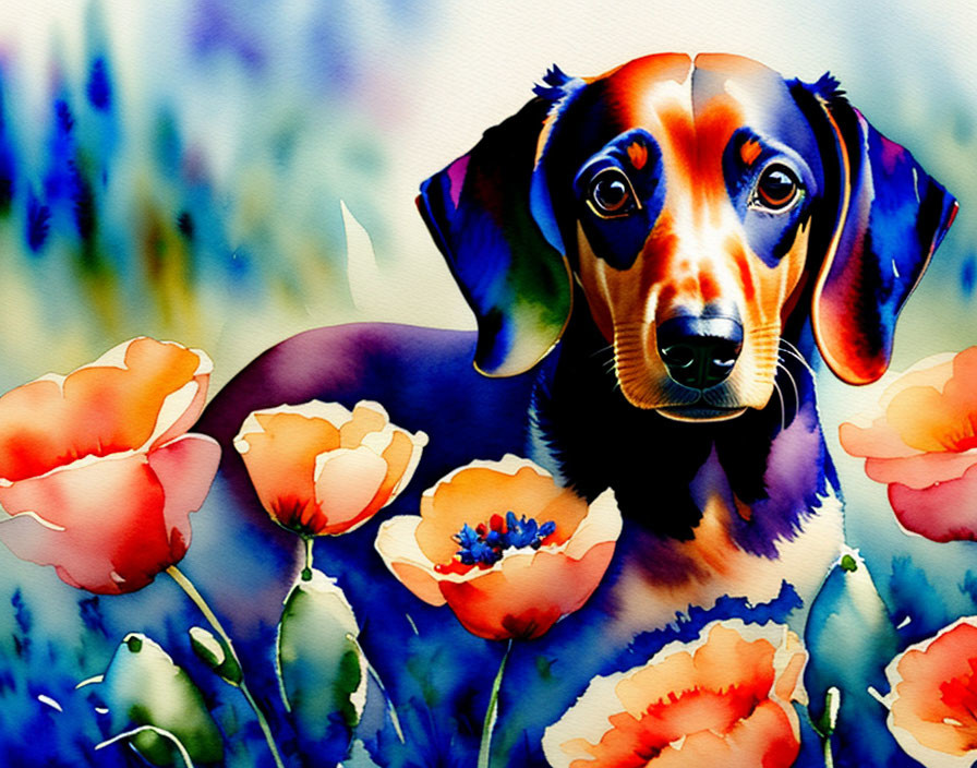 Colorful Watercolor Painting of Dachshund Among Poppy Flowers