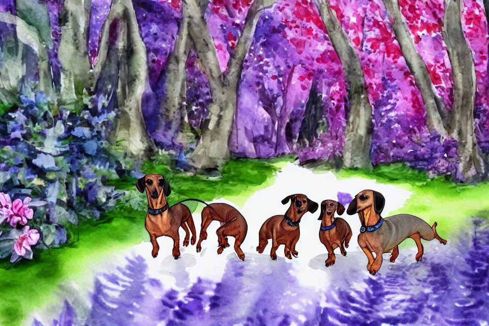 Four dachshunds on leash in colorful watercolor forest with blooming trees
