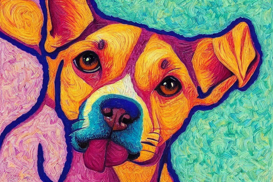 Vibrant textured painting of a colorful dog in yellow, blue, and pink