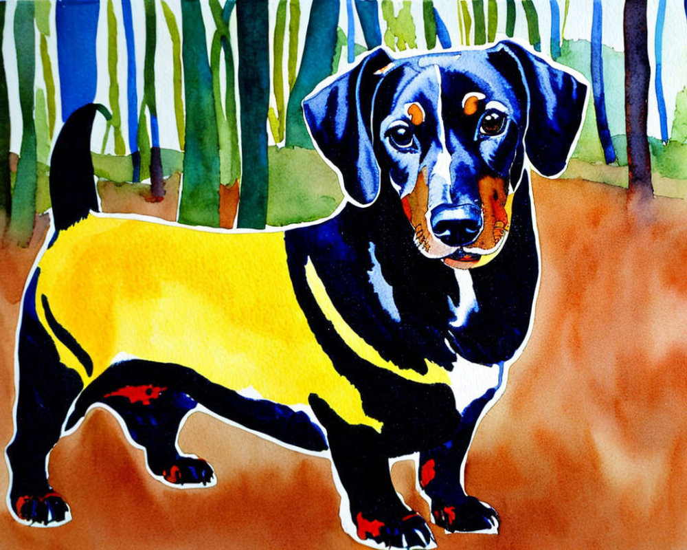 Watercolor painting of black and tan dachshund in vibrant forest