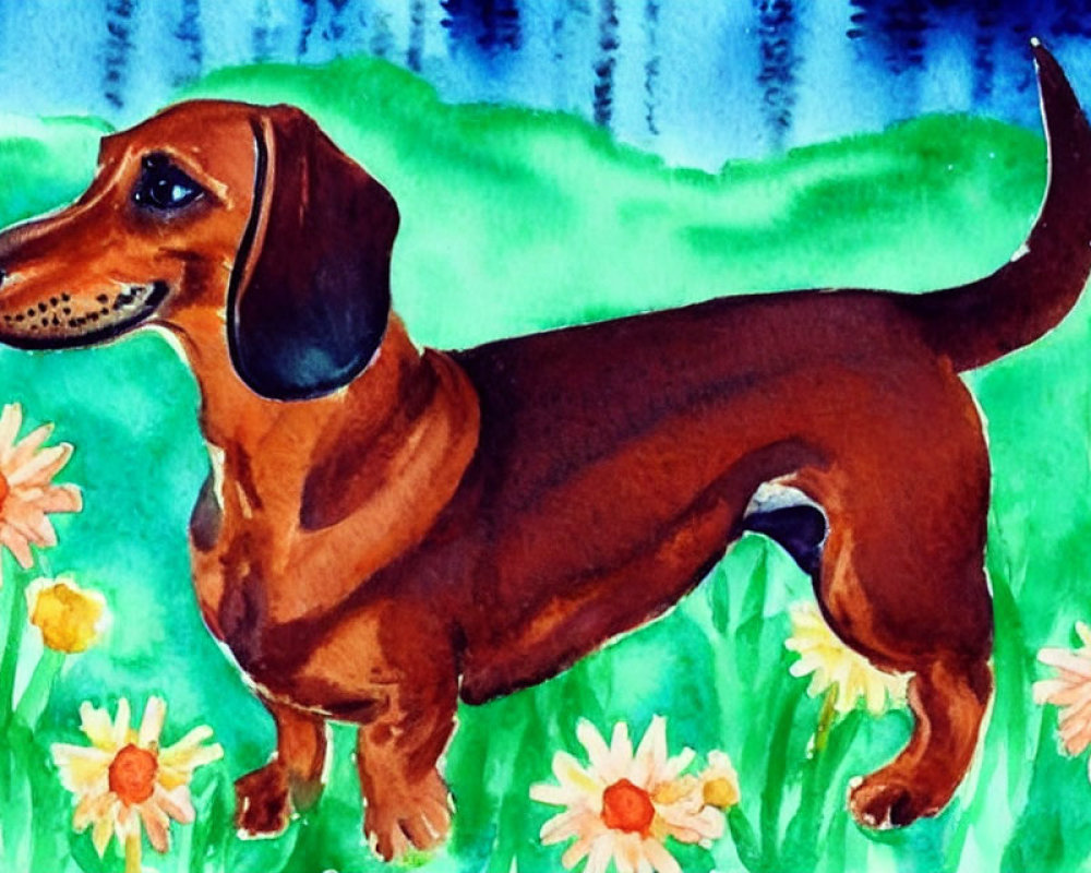 Brown Dachshund in Green Grass with Daisies and Blue-Green Background