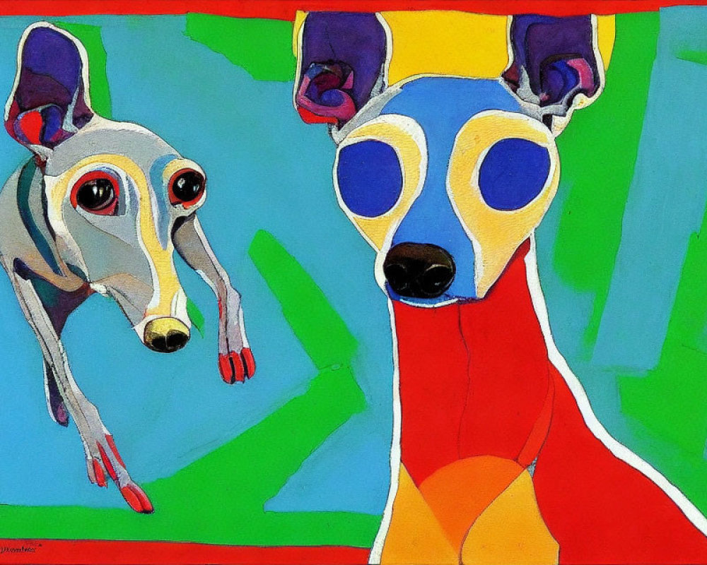 Vibrant painting of two stylized dogs on geometric backdrop