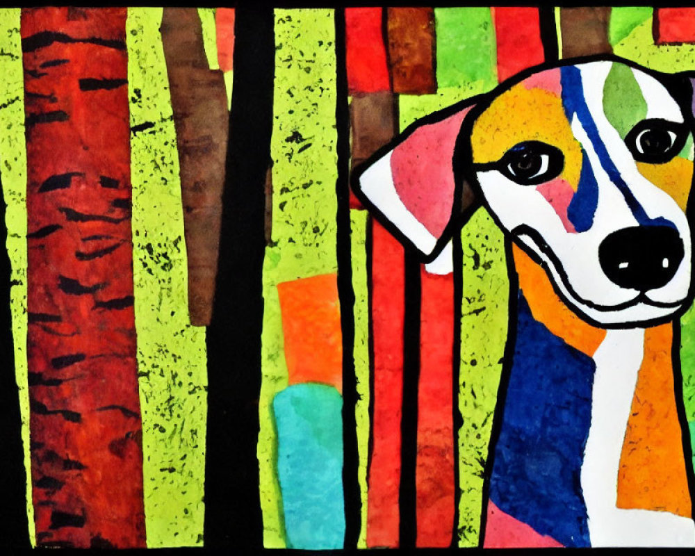 Vibrant abstract art: Stylized multicolored dog on striped background