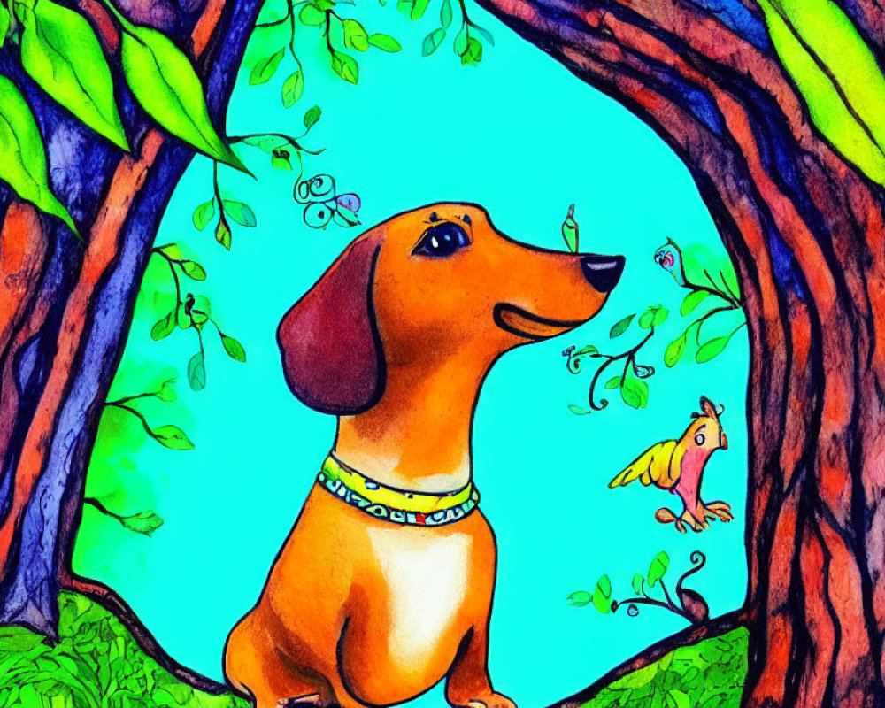 Vibrant illustration of brown dachshund with bird in nature